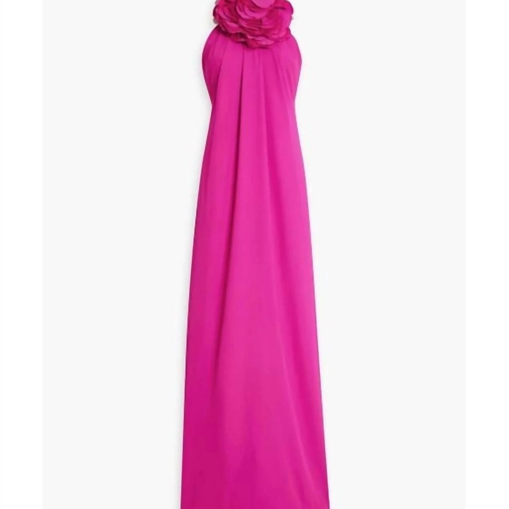 Halston Heritage Hot Pink Halter Maxi Dress with Floral Neck Detail - Picture 3 of 16